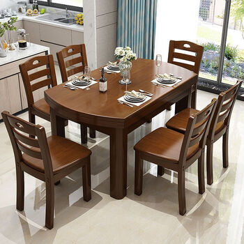Aimoli solid wood dining table and chair combination square and round dining table folding dining table household dining table and chairs retractable and folding walnut color - square and round solid wood dining table 1.35 meters dining table + 6 chairs (back chair)