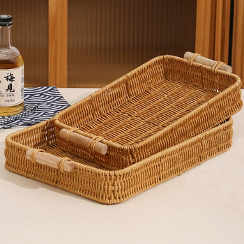 Fengtuoling snack display plate household fruit plate afternoon tea snack plate imitation rattan tray steamed bun basket bread basket dry fruit plate 35*25*5.8cm rectangular tray