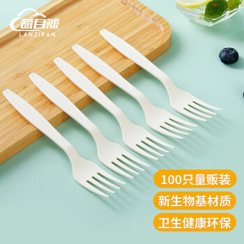 Blue natural disposable forks, cake forks, 100 pieces, corn starch dessert forks, packaged takeaway fruit forks