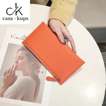 Casa-kupsck2025 korean version new genuine leather long wallet women's simple casual zipper wallet for mobile phone soft cowhide orange