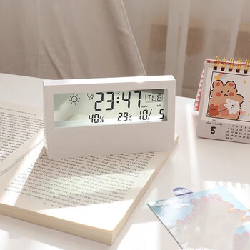 Creative electronic alarm clock for students bedroom bedside smart weather personality lazy simple nordic original package white + transparent style