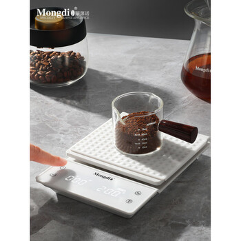 Mongdio new product mondio coffee scale hand brewing accurate digital weighing timing scale white electronic scale + wooden handle glass measuring cup 75ml