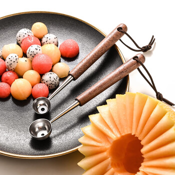 Cute bear 304 stainless steel ball scooper for cutting watermelon household spoon fruit splitting carving knife watermelon shape ball spoon 304 steel walnut wood-medium ball scoop