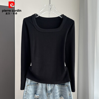 Pierre cardin (pierre cardin) right shoulder square collar long-sleeved bottoming shirt for women 2025 autumn and winter new slim t-shirt with thin u-neck top trendy black single piece l (recommended 105-120 pounds)