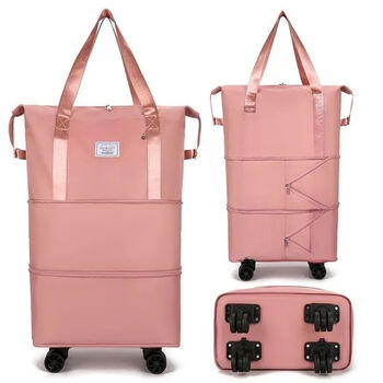 Moving bag packing bag with wheels, extra large travel large capacity duffel bag, hand-held duffel bag for baby, short-distance universal wheels for business trip, pink wet and dry separation + waterproof and wear-resistant + expandable, expandable to three layers + four wheels