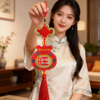 Laojieyuan 2026 new style handmade cross stitch bead embroidery small pieces full bead car pendant for boyfriend car trailer pendant (full bead) embroidered fabric with printed picture (not finished product)