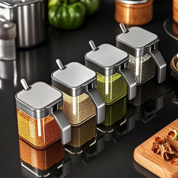 Orange central seasoning box set household combined kitchen storage box jar seasoning msg salt jar seasoning seasoning jar * 4 (with stainless steel spoon + waterproof label)