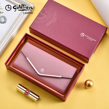 Goldlion wallet women's 2025 new ladies casual fashion long cowhide clutch bag mobile coin purse birthday gift pink