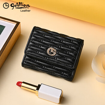 Goldlion wallet women's 2025 new women's sheepskin lightweight travel trend lightweight compact genuine leather coin purse tri-fold wallet black