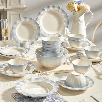 Inky french dishware and tableware set for home use with high-looking underglaze color dishes and bowls set 37 pieces for moving into a new home
