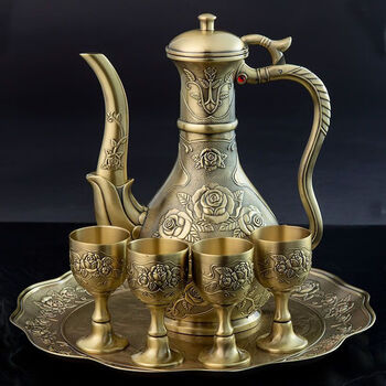 Shi jin ancient wine pot, retro antique pure copper rose wine pot, exquisite wine bottle, white wine cup, home creative wedding ancient old rose wine pot set (1 pot, 4 cups, 1 tray)