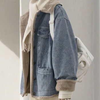 Bmoi super nice denim parka cotton jacket women's winter new imitation rabbit fur lining plus velvet thickened cotton jacket western style jacket blue high quality m recommended 100-115 pounds