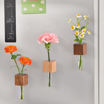 Fanye's solid wood flower vase magnetic refrigerator sticker walnut creative decorative test tube small vase traceless magnetic sticker