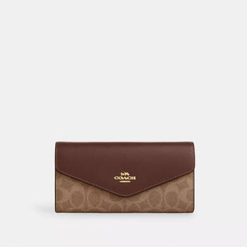 Coach women's fashion envelope wallet fashionable decorative zipper design compact and portable tan/brown
