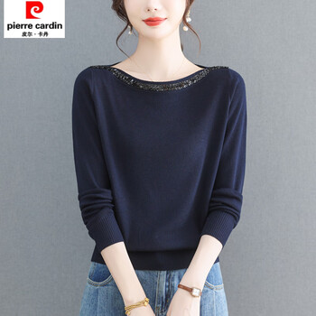 Pierre cardin 2026 new one-line collar knitted bottoming shirt for women long-sleeved early autumn new middle-aged mother spring and autumn top thin section upper cyan m 95-110 catties