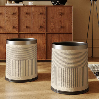 Yin shang french medieval style trash can leather home bedroom living room retro light luxury high value kitchen bathroom large thickened leather style horizontal and vertical frame coffee 10l high-end silver edge