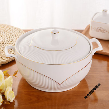 Craftsman time household double-eared ceramic soup nest with lid creative stew pot white large capacity rice soup bowl soup basin microwave oven 2600ml gold edge embossed model (ceramic lid)