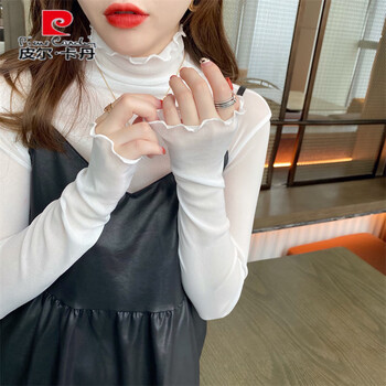 Pierre cardin autumn and winter inner wear, beautiful western-style blouse for age reduction, long-sleeved t-shirt for women, high-necked mesh lace bottoming shirt with earrings, white l (weight around 110)