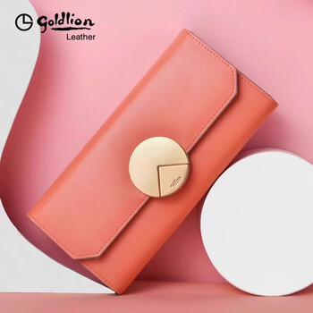 Goldlion wallet women's long style 25 new fashion mobile phone bag genuine cowhide large capacity multifunctional women's wallet trendy coral orange