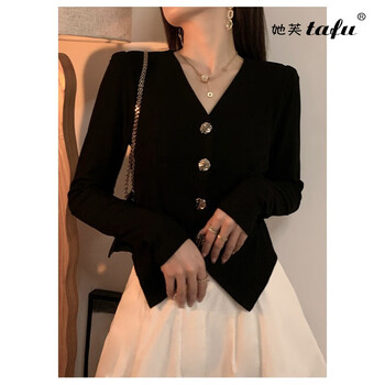 Tafu brand women's black bottoming shirt women's 2025 autumn and winter new style french retro high-end slim long-sleeved top black m