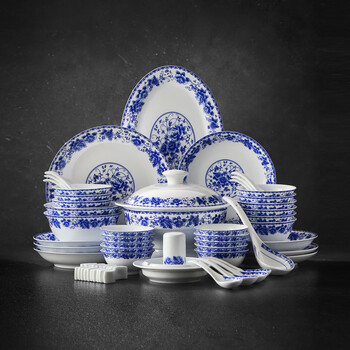 Jingdezhen (jdz) ceramic glaze color tableware set household chinese blue and white peony simple bowl and plate set high-end housewarming gift