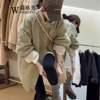 Wen gefang korean style parka windbreaker plus velvet thickened jacket for women 2025 winter new style mid-length lamb wool cotton top khaki m