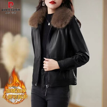 Pierre cardin 2026 new winter style velvet thickened leather jacket short fashion leather jacket warm fur collar jacket fashionable and versatile black xl 90-110 catties