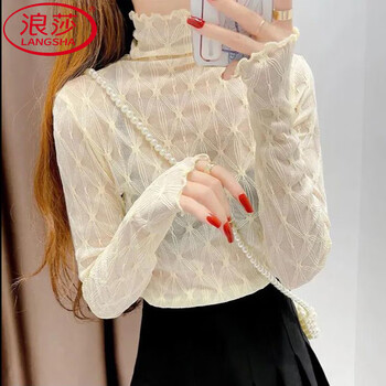 Langsha high-neck lace bottoming shirt for women, autumn and winter 2025 new high-end style inner style mesh gauze thin top, apricot s