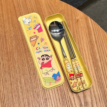 Auyan lai genuine crayon shin-chan 304 stainless steel tableware three-piece set with portable ceramic handle spoon + chopsticks + box happy crayon shin-chan