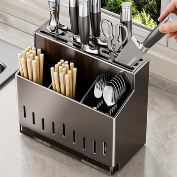 Added stainless steel chopstick storage box, knife holder, integrated storage, kitchen rack, wall-mounted spoon bucket, chopstick cage