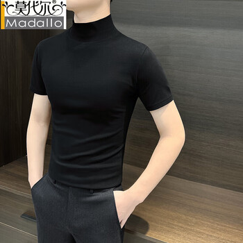 Modal half turtleneck men's basic base layer spring and autumn new style suit inner wear mid-collar short-sleeved t-shirt top black 3xl recommended within 165 pounds