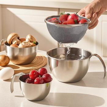 Guofeng 304 stainless steel basin food-grade fruit washing drain basket new home kitchen egg beater basin with scale cooking basin 304 cooking bowl 14cm + drain basket 14cm