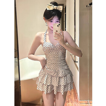 Let the mist swimsuit cover belly swimsuit for women, conservative and slim skirt-style one-piece with breast pads, hot spring adult water park, seaside, polka-dot skirt-style swimsuit, one size fits all, recommended 80-120 pounds