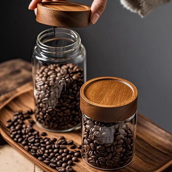 Home katei story japanese glass sealed jar food-grade coffee bean storage jar with lid household tea camellia sub-bottle storage jar acacia wood lid 580ml single piece