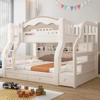 Solid wood double bed and bunk bed, two-story multi-functional bunk bed combination bed, high and low bed, bold and thickened children's bed, ladder-5cm brown mat, upper bed width 140cm, lower bed width 160cm (comes with bookshelf)