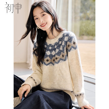 Chu shen's autumn and winter knitted sweater women's classic new year's annual party round neck fair isle pattern versatile sweater top s54z065
