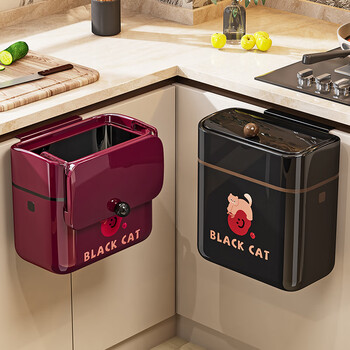 Naming kitchen trash can hanging with lid living room toilet paper basket sandwich kitchen waste household wall-mounted storage bucket retro red-cat style 11l hook + traceless sticker