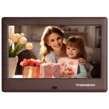 Thomson electronic photo album hd smart digital photo frame 8-inch photo video music player gift for parents, family, friends, couples and colleagues 7-inch - remote control + buttons - plug-in - wood grain color