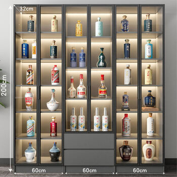 Fantasy living room glass multi-functional wine cabinet against the wall integrated display cabinet household light luxury storage rack wooden transparent high luxury gray 21