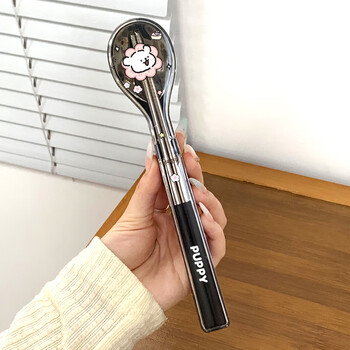 Oimg cute stainless steel chopsticks and spoon sets portable cutlery box for office workers and student dormitories spoons and chopsticks storage box black-line puppy chopsticks and spoons