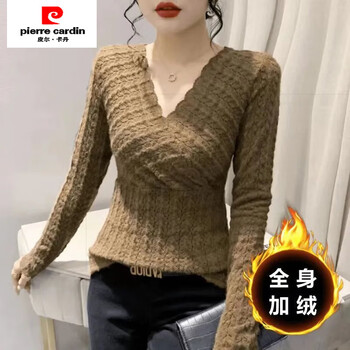 Pierre cardin 2025 autumn and winter plus velvet v-neck to cover the belly, slim and slim, western-style long-sleeved brushed lace bottoming shirt, brown, whole body, plus velvet, m 80-95 pounds, 24 hours hair