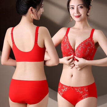 Love autumn and summer big red birth year women's front button underwear embroidered wire-free breast control anti-sagging push-up bra set big red set 80b 36