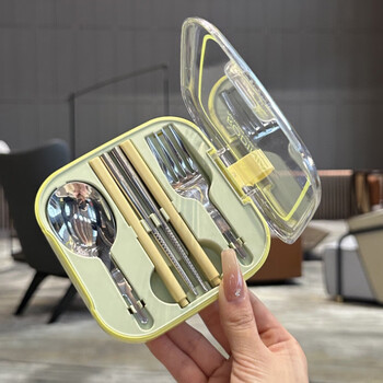 Magic dou shenghuo 304 stainless steel spoon fork folding chopsticks three-piece travel portable storage tableware green folding chopsticks + fork + spoon