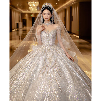 Seasonal heavy industry wedding dress with large tail, autumn and winter one-shoulder 2025 new bride, petite long-sleeved french starry sky main yarn quality, floor-length style (free three-piece set) xs