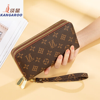 Kangaroo wallet women's new 2025 printed large capacity temperament double zipper women's long wallet wallet clutch brown