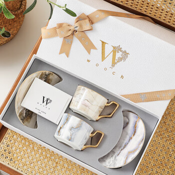 Wooch jinsha wedding coffee cup and saucer gift box light luxury afternoon tea new home moving birthday christmas annual party gift jinsha cup and saucer pair of cups-brown+blue+platinum gift box