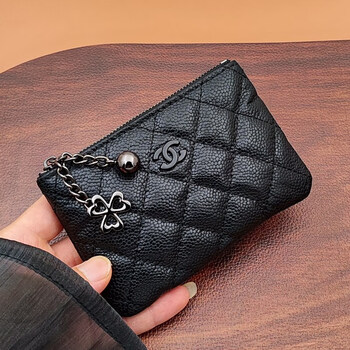 Small coin purse 2025 new women's card holder genuine leather caviar portable document storage bag lipstick small fragrant milk caviar black label_new small ball flower_single pull chain_
