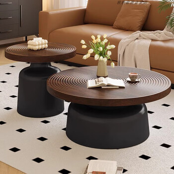 Round coffee table living room home small apartment high-end solid wood carbon steel tea table martini b&b coffee table combination 70+50 walnut color surface + black background