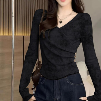 Bei xianqi pure cotton tie-dye long-sleeved shirt for women with irregular design 2025 spring and autumn new slim fit fashionable bottoming top black version m recommended 95-110 pounds