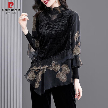 Pierre cardin (pierre cardin) this year's popular beautiful little shirt for women 2026 spring, autumn and winter new fashionable velvet top lace bottoming shirt black velvet style casual lace splicing top 3xl 145-160 pounds